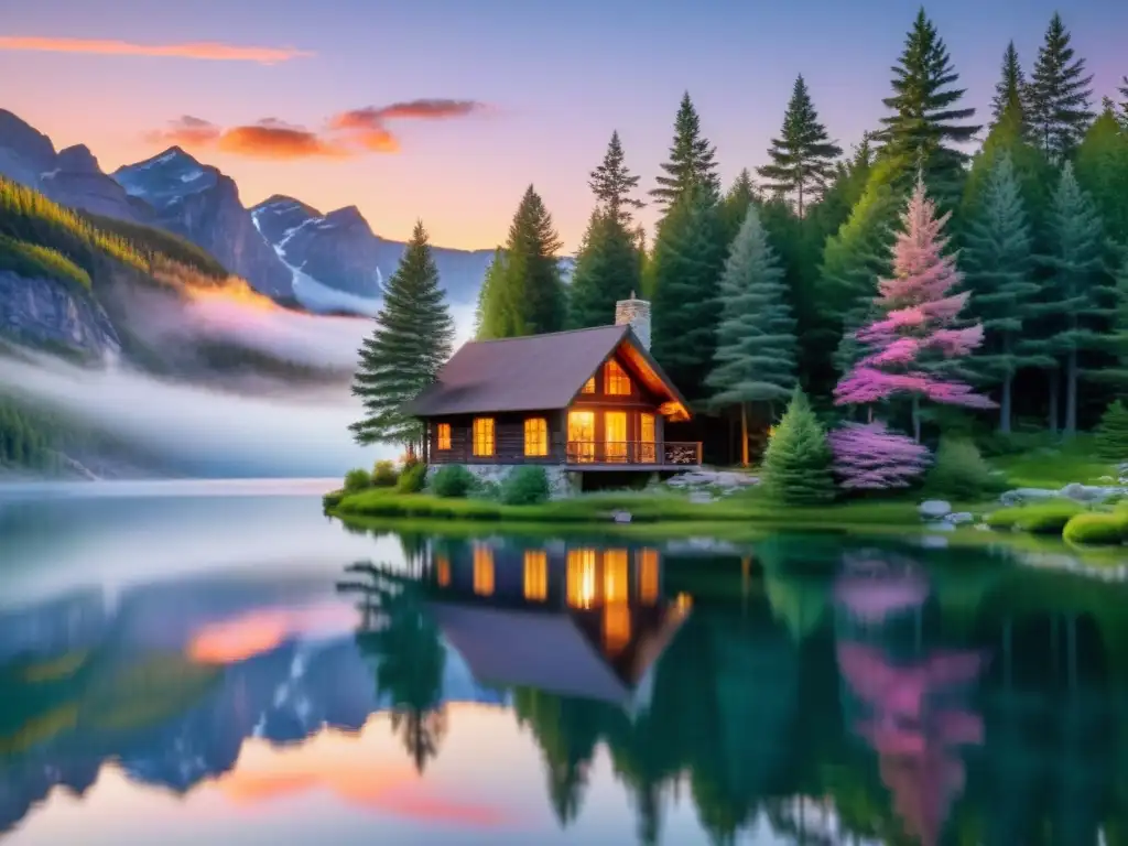 Refugio sereno entre pinos junto a lago al atardecer Acogedora cabaña entre pinos junto a lago al atardecer