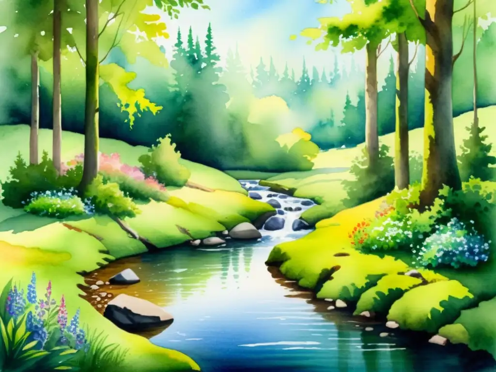 Bosque sereno: Acuarela de tranquilidad natural Acuarela apacible de un claro boscoso, con luz solar entre hojas