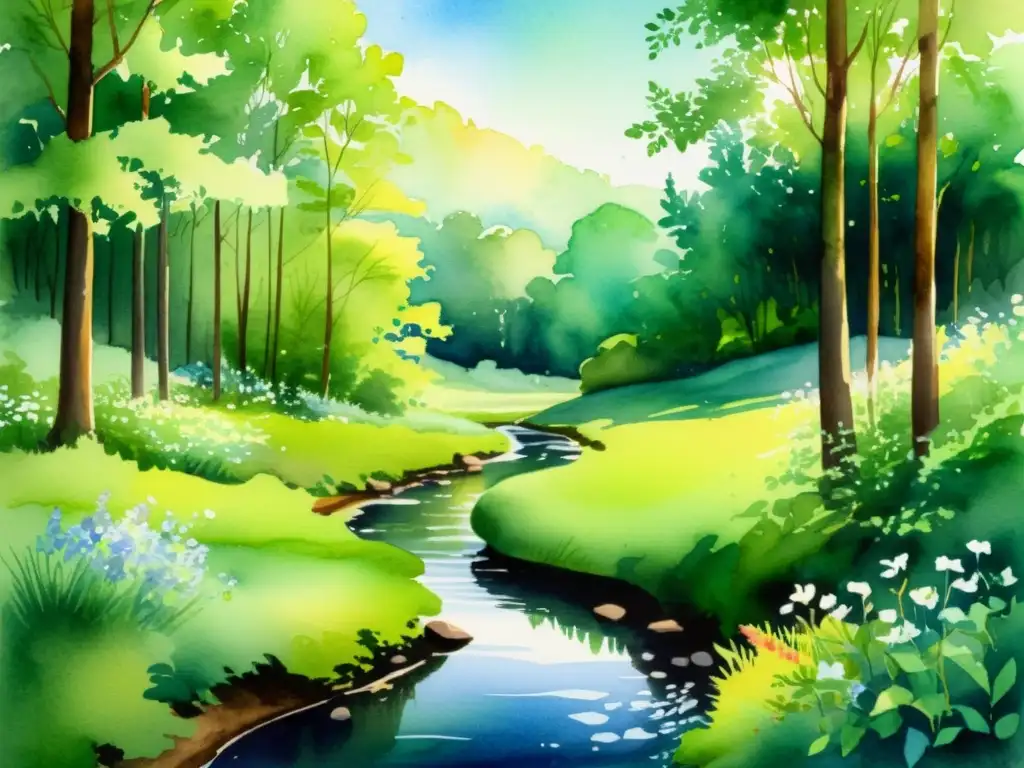 Bosque sereno: ilustración acuarela invita a la contemplación y serenidad Ilustración en acuarela de un apacible claro en el bosque, con luz solar filtrándose entre el frondoso dosel verde sobre un arroyo