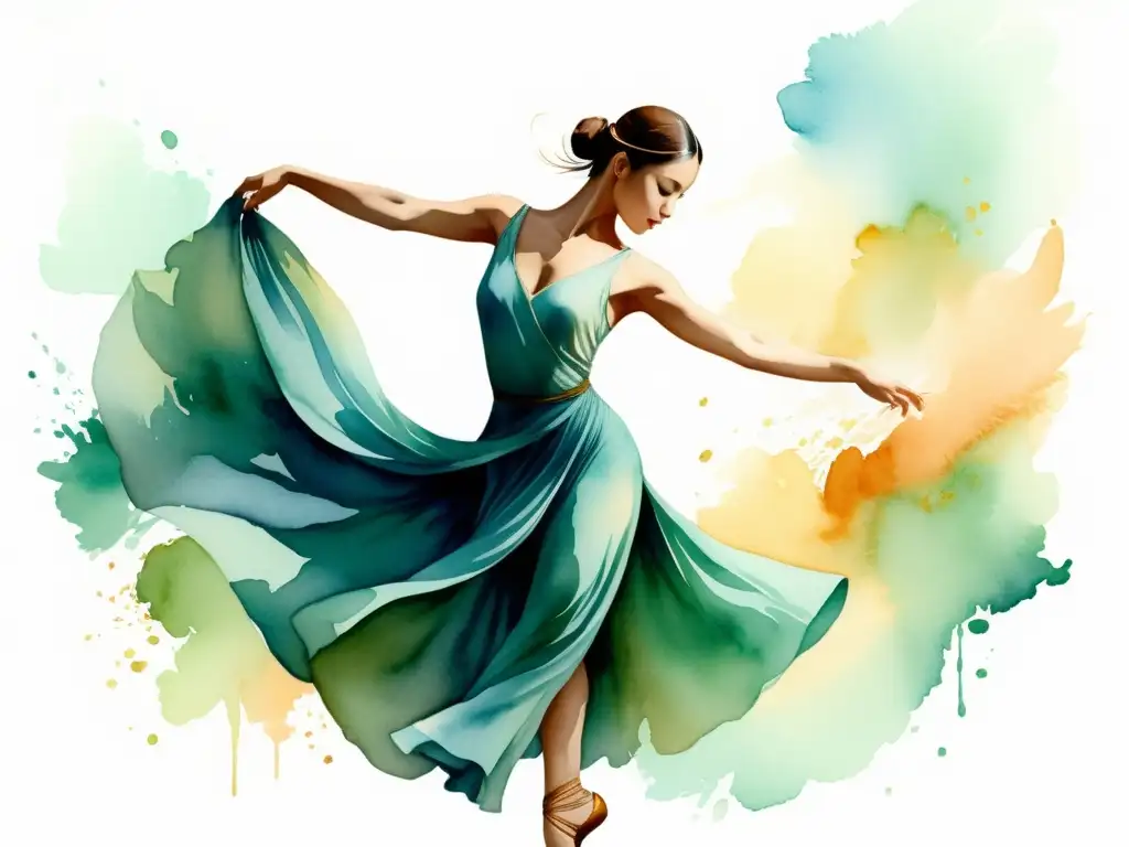 Acuarela de una bailarina elegante en movimiento, reflejando los beneficios de la danza para la conciencia