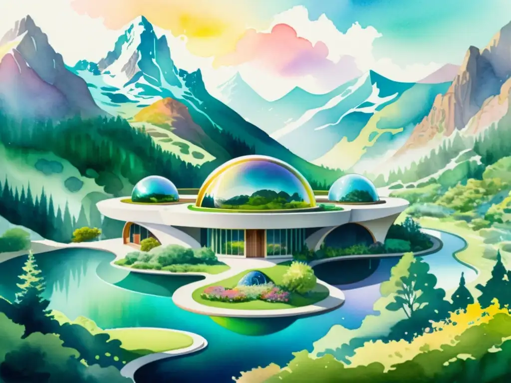 Retiro futurista en las montañas iridiscentes Acuarela detallada de un centro de retiros espirituales en un paisaje iridiscente, con visitantes en meditación y yoga