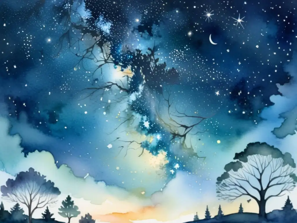 Una acuarela detallada de un cielo nocturno tranquilo, lleno de estrellas brillantes y un suave resplandor de la luna