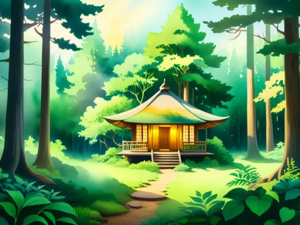 Cuadro acuarela 8k: Bosque sagrado con cabaña de meditación Una acuarela detallada en 8k de un claro de bosque sereno cubierto de niebla, con una pequeña y detallada cabaña de meditación entre árboles antiguos