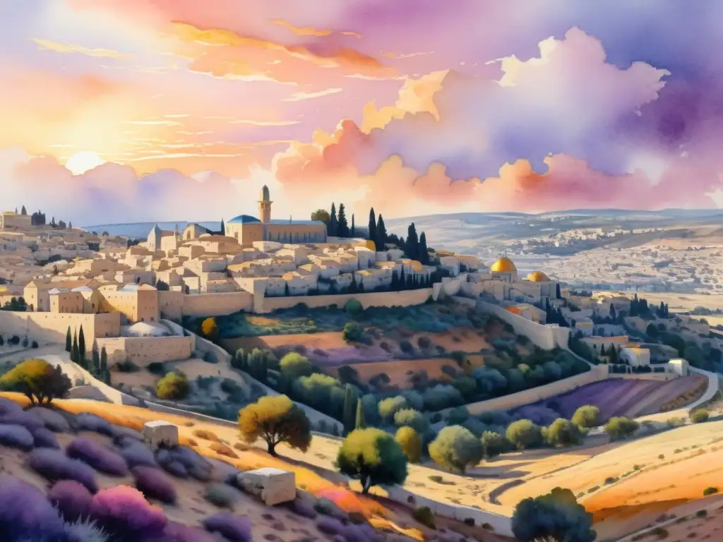 Paisaje sagrado de Jerusalén al atardecer: pintura acuarela 8k Un acuarela detallada en 8k de las colinas de Jerusalén al atardecer, bañadas por una cálida luz dorada