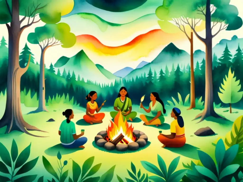 Serena escena de bosque: Pueblo indígena en canto y fuego Una ilustración en acuarela detallada en 8k de un escenario sereno en el bosque, con un grupo de indígenas reunidos alrededor de una fogata, participando en cánticos y cantos tradicionales