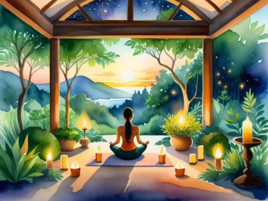 Espacio de meditación serena en acuarela Acuarela detallada de un espacio sereno de meditación a la luz de las velas, con un ambiente tranquilo y espiritual