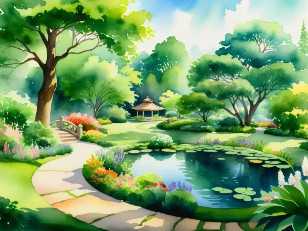 Jardín de meditación: acuarela serena y exuberante Una acuarela detallada de un jardín de meditación exuberante y sereno con gente practicando la inteligencia artificial en retiros espirituales