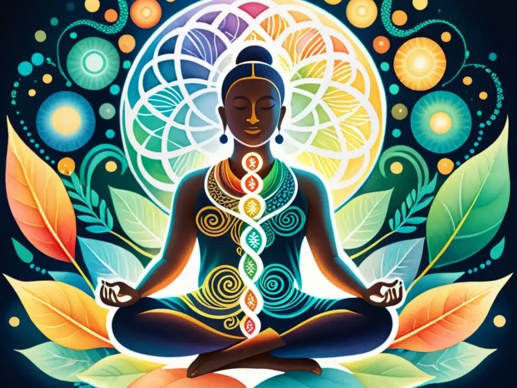 Meditador en el ADN: Ilustración acuarela Ilustración en acuarela detallada de un meditador rodeado de hebras de ADN, capturando la conexión entre la meditación y la expresión genética