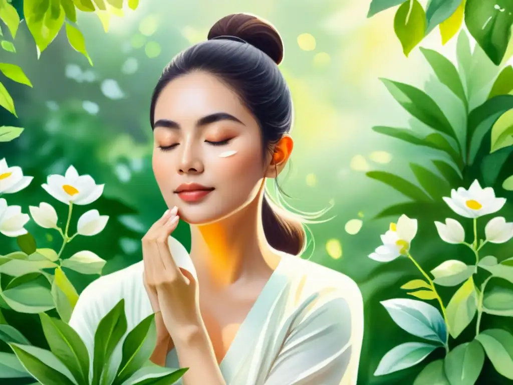 Acuarela detallada: mujer serena en rutina de belleza y mindfulness Una acuarela detallada muestra a una mujer serena integrando mindfulness en su rutina de belleza, rodeada de vegetación exuberante y flores en flor