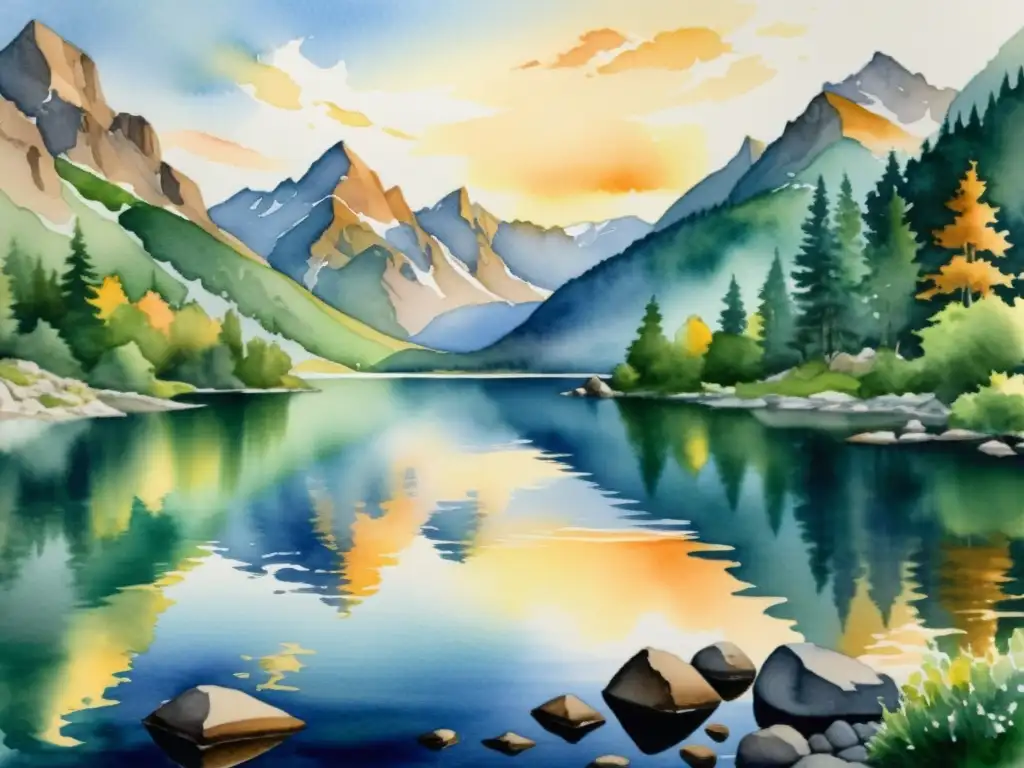 Pintura acuarela detallada: Serenidad montañosa al atardecer Acuarela detallada de paisaje montañoso sereno con lago, reflejos y atardecer