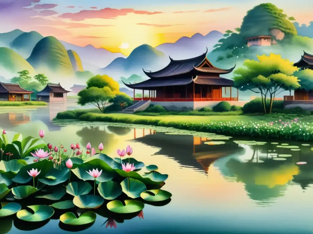 Pintura acuarela 8K: Paisaje tranquilo de Plum Village con lotos vibrantes Acuarela detallada 8k de paisaje sereno de Plum Village con loto en flor, reflejos en el agua y arquitectura vietnamita