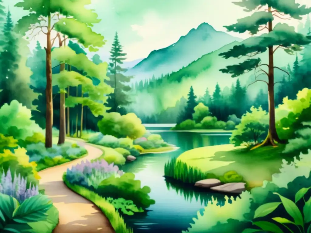 Acuarela 8k: Retiro sereno en el bosque Acuarela detallada en 8k de un retiro espiritual silencioso en armonía con la naturaleza, reflejando la introspección y renovación