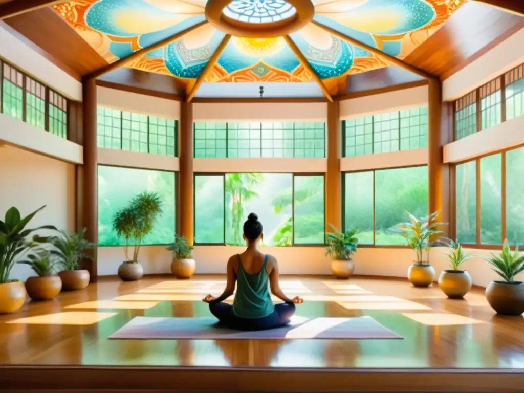 Pintura acuarela 8k: Sala de meditación serena Acuarela detallada en 8k de sala de meditación serena, con luz natural cálida y meditadores en introspección