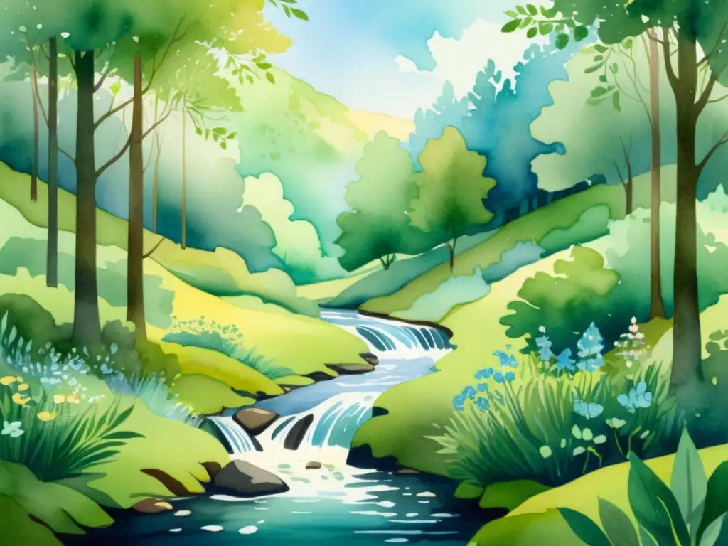 Bosque sereno en acuarela: escena tranquila y armoniosa Una ilustración en acuarela detallada de un sereno y frondoso bosque, con la luz solar filtrándose entre las hojas