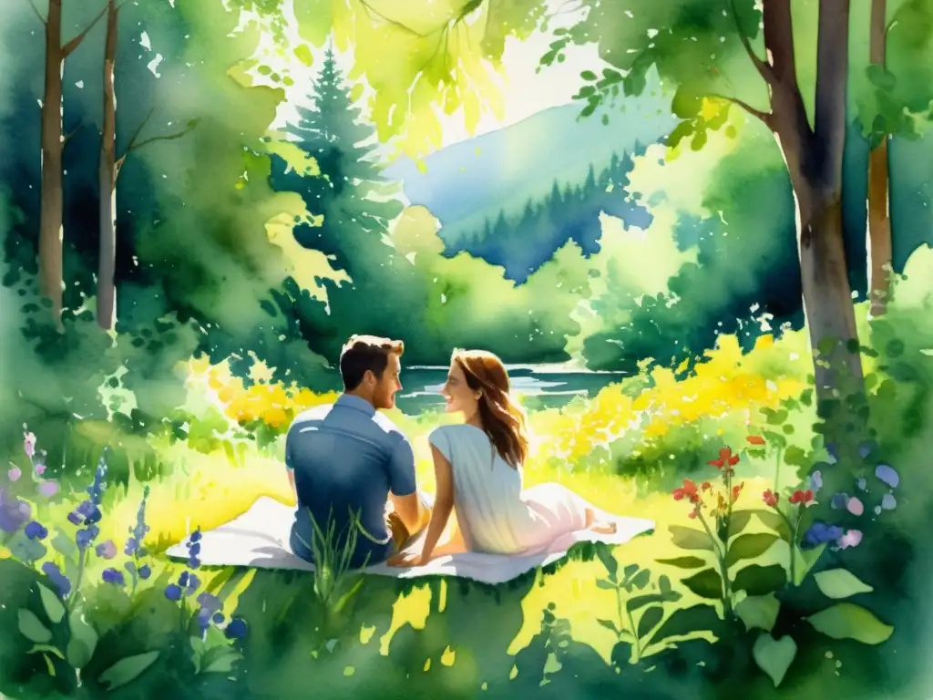 Escena de amor en el bosque: pareja disfrutando la naturaleza Una acuarela idílica de pareja en retiros espirituales, rejuveneciendo juntos en un claro del bosque, rodeados de naturaleza exuberante y amor