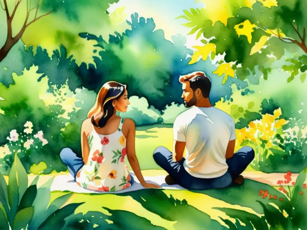 Conversación íntima entre parejas en la naturaleza Acuarela íntima de pareja en retiro espiritual, rodeada de naturaleza exuberante y flores