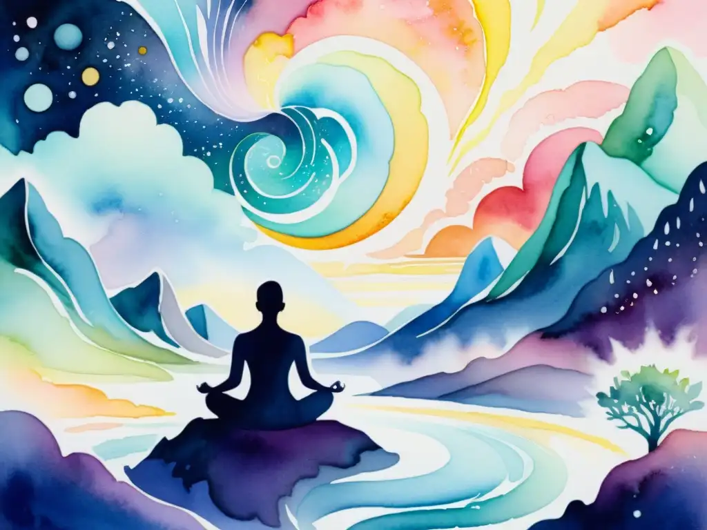 Armonía cuántica: ilustración acuarela de paisaje espiritual Una ilustración en acuarela de un paisaje sereno y otro mundo, con colores vibrantes que representan la interconexión de la física cuántica para iluminación espiritual