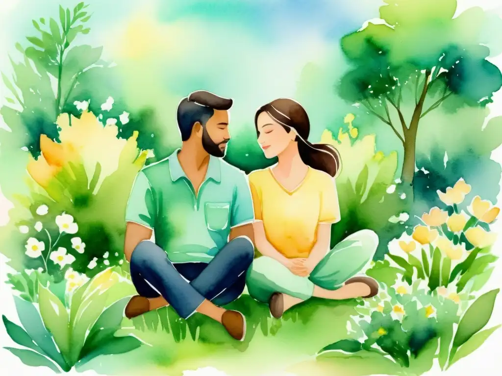 Retiro espiritual romántico: conexión y armonía en jardín sereno Una ilustración en acuarela de una pareja en un jardín pacífico, rodeada de flores y vegetación exuberante