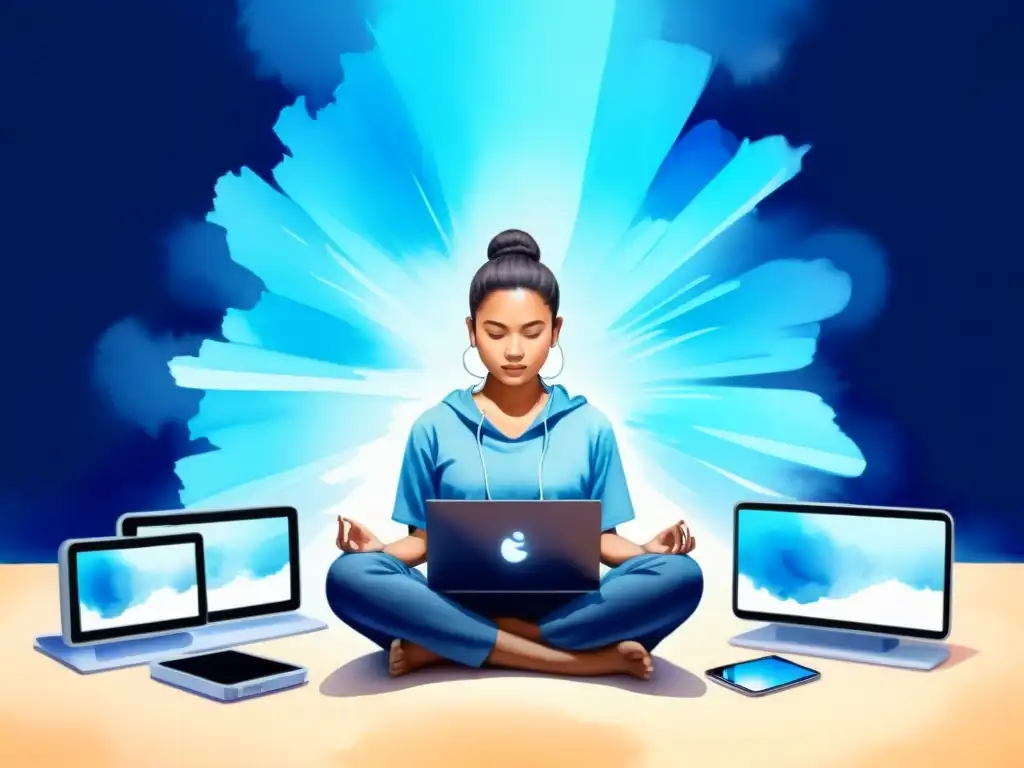 Serena contemplación en el caos digital Ilustración en acuarela 8k de una persona en meditación entre dispositivos digitales, irradiando calma y concentración
