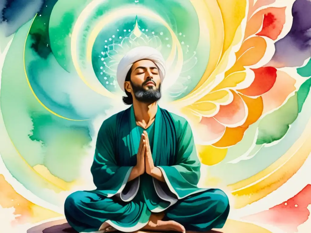 Zikr: Pintura acuarela de un Sufi en meditación Acuarela de un practicante sufí en recitación, rodeado de luz etérea y patrones, emanando tranquilidad espiritual y poder sanador