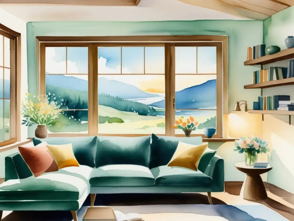 Acuarela serena de sala acogedora con vista natural Una acuarela serena de una acogedora sala con grandes ventanas que dan a un paisaje natural tranquilo, integrando el silencio en la vida cotidiana