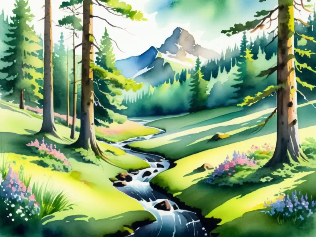 Bosque nórdico sereno en acuarela Una acuarela serena de un apacible paisaje nórdico, con altos y majestuosos pinos entre un manto de musgo verde vibrante