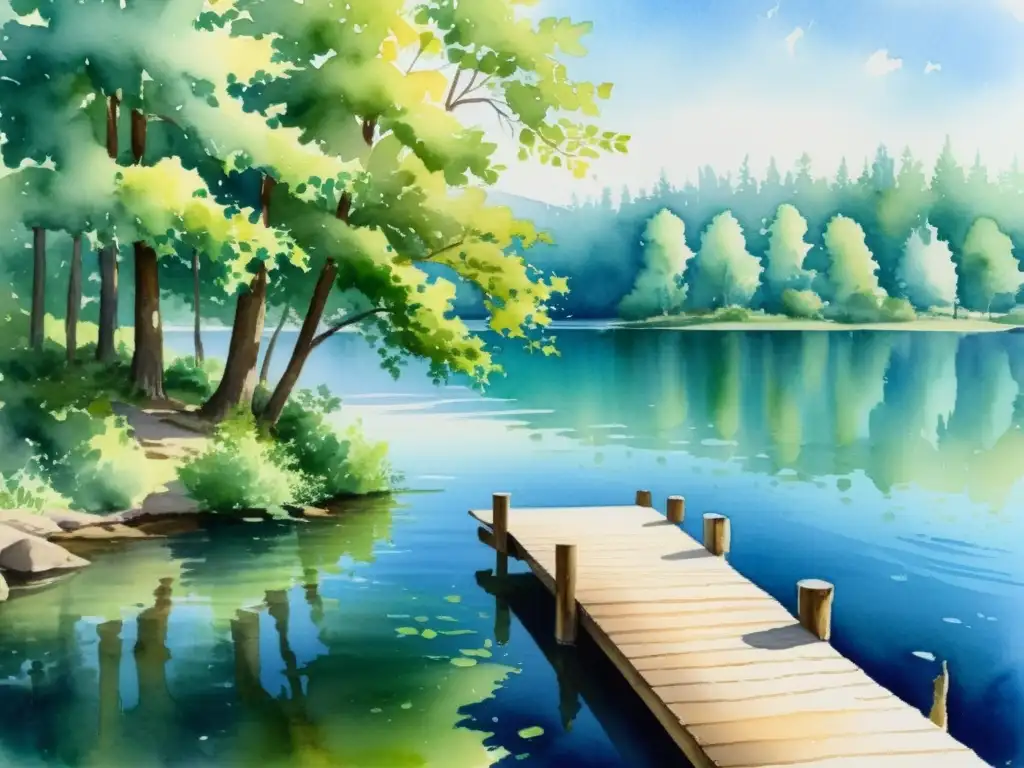 Una acuarela serena de un apacible refugio junto al lago, con árboles verdes vibrantes, un lago azul tranquilo y un cielo claro reflejado en el agua