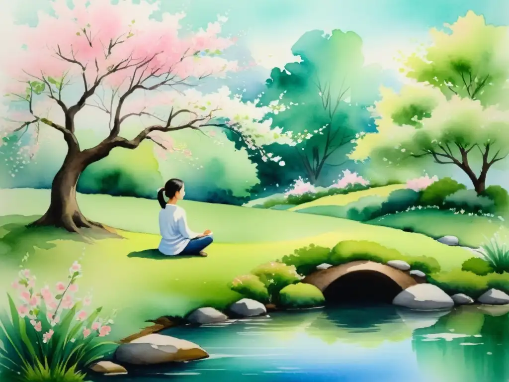 Acuarela serena de jardín con arroyo, meditador bajo cerezo en flor