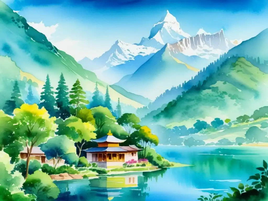 Una acuarela serena de un ashram tranquilo y exuberante en las colinas de la India, ideal para retiros espirituales India védicos meditación