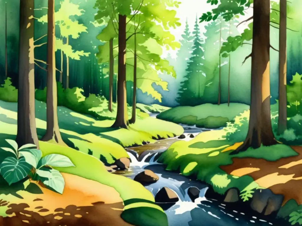Bosque sereno en acuarela: tranquilidad y naturaleza Una acuarela serena de un bosque exuberante y tranquilo con un arroyo suave