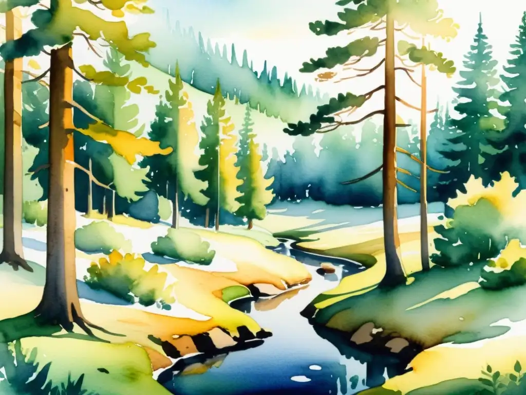 Bosque nórdico sereno: acuarela de pinos antiguos y montañas nevadas Acuarela serena de un bosque nórdico, con pinos antiguos, claros y arroyo, evocando mindfulness en la espiritualidad nórdica