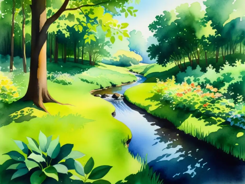 Acuarela serena de un bosque tranquilo con pareja en retiro espiritual