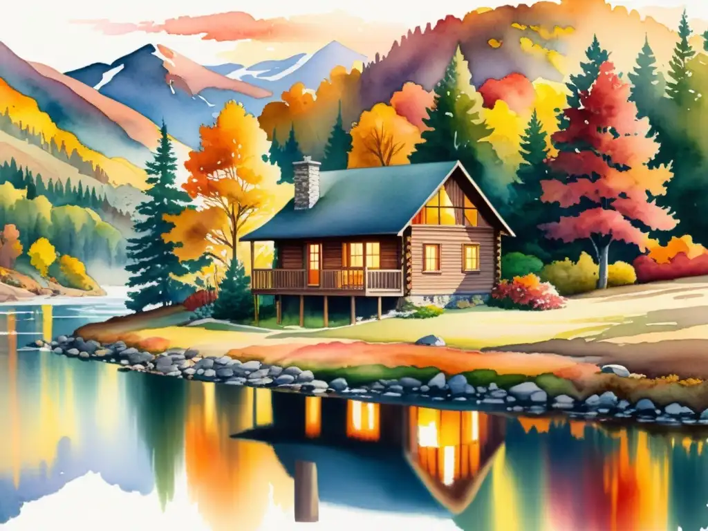 Retiro romántico en cabaña de otoño junto al río Una acuarela serena de una cabaña entre el follaje otoñal, con un río reflejando el atardecer