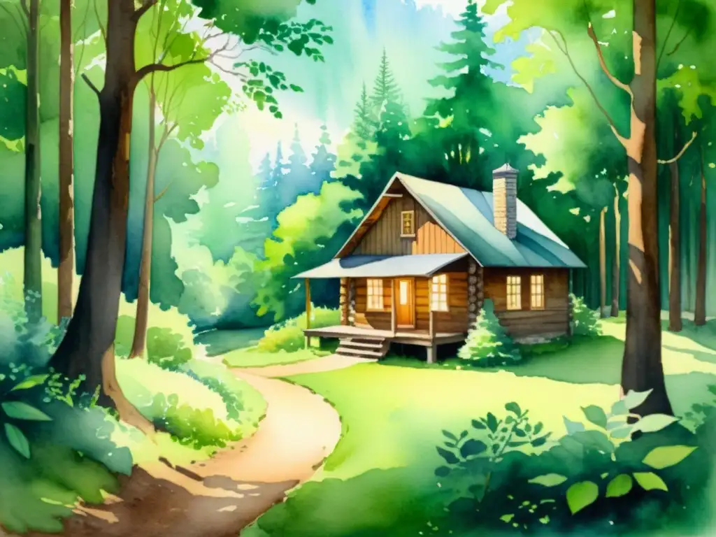 Bosque sereno: pintura acuarela de tranquilidad y paz Acuarela serena de un claro boscoso, con cabaña de madera entre árboles