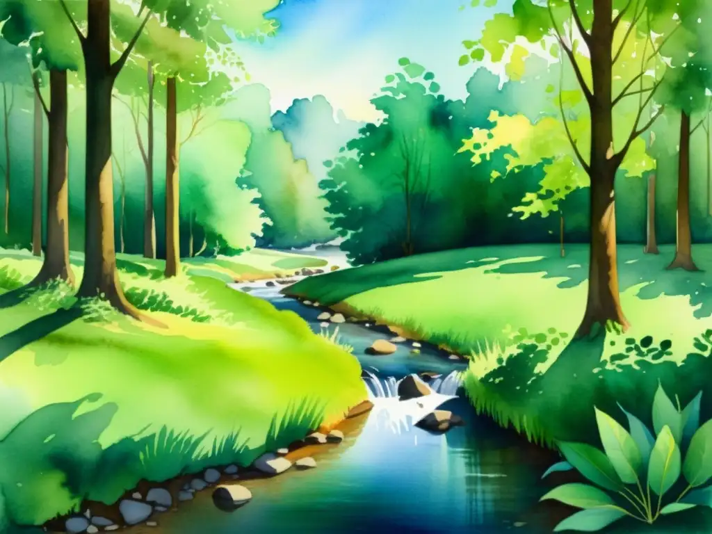 Bosque sereno: acuarela de naturaleza tranquila Una acuarela serena de un claro de bosque tranquilo, con luz solar filtrándose entre las hojas y creando sombras moteadas en el suelo