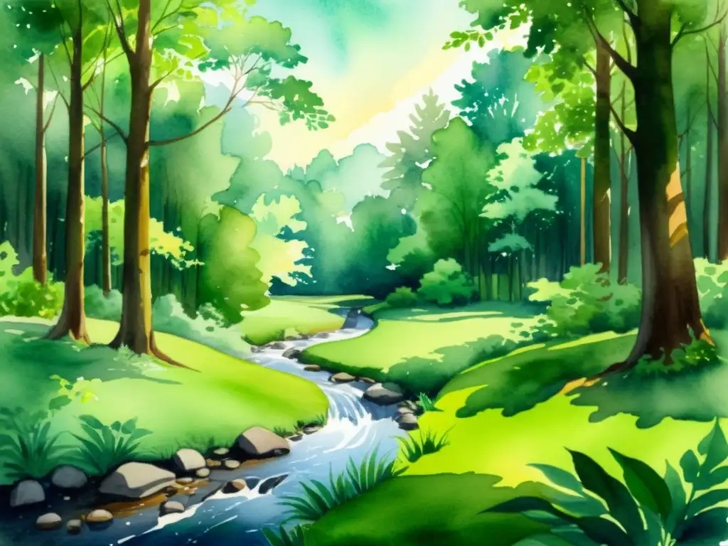 Bosque sereno: acuarela de naturaleza exuberante y tranquila Una acuarela serena de un exuberante bosque con follaje verde vibrante, árboles imponentes y un arroyo suave