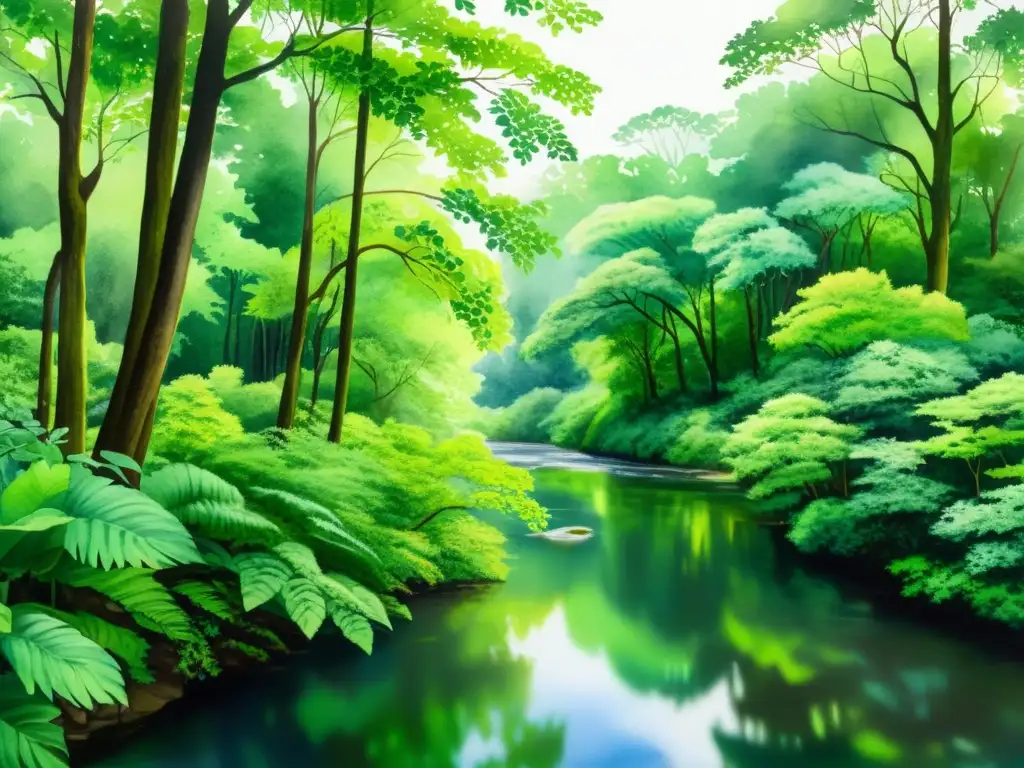 Tranquilo paisaje forestal en acuarela Acuarela serena de un exuberante bosque, con follaje verde vibrante, un arroyo sinuoso y luz filtrándose a través del dosel