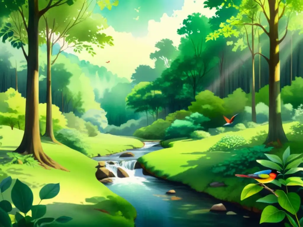 Bosque sereno: acuarela de naturaleza exuberante y armonía Una acuarela serena de un exuberante bosque verde con un arroyo suave