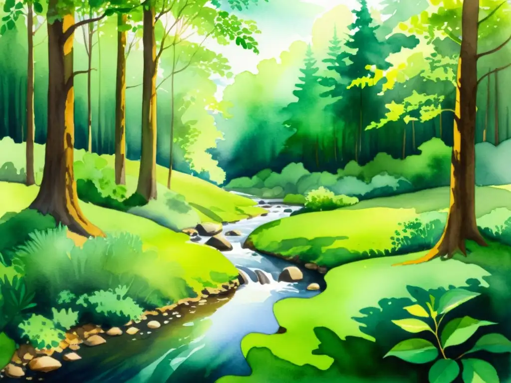 Cuadro acuarela: Bosque verde sereno Una acuarela serena de un exuberante bosque verde con un arroyo tranquilo