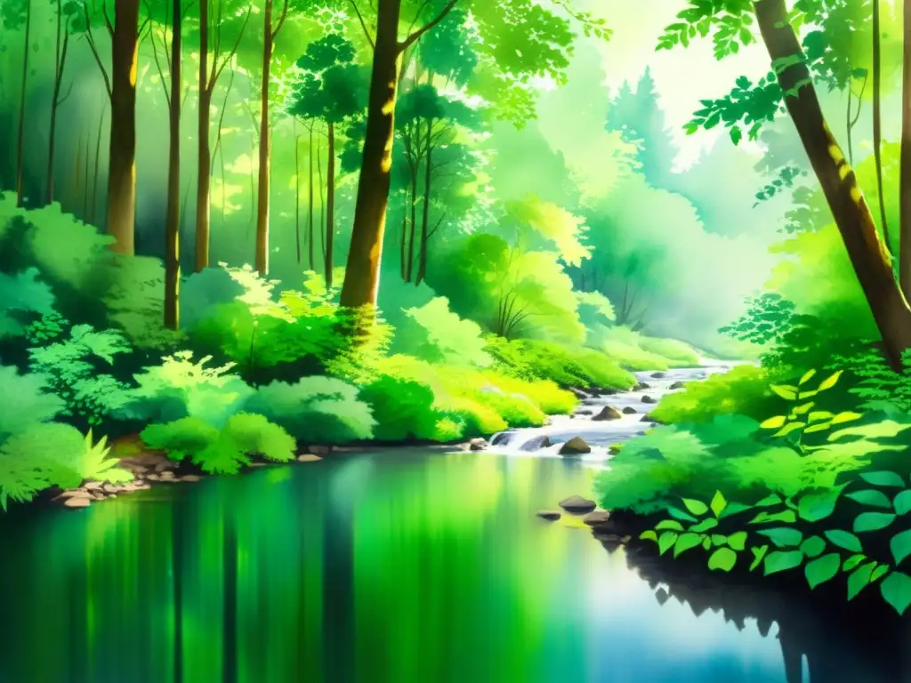 Acuarela serena: Bosque verde con arroyo Una acuarela serena de un exuberante bosque verde con un arroyo suave