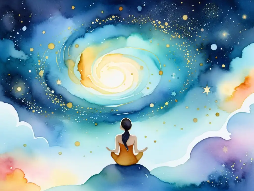 Figura en el cosmos: pintura acuarela serena Acuarela serena de una figura flotando en un espacio etéreo entre galaxias y estrellas, bañada en luz dorada