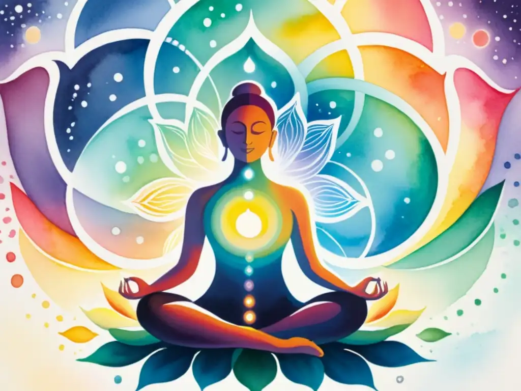 Meditación genética: pintura acuarela de transformación Acuarela serena: figura meditando rodeada de ADN colorido, influenciado por la paz