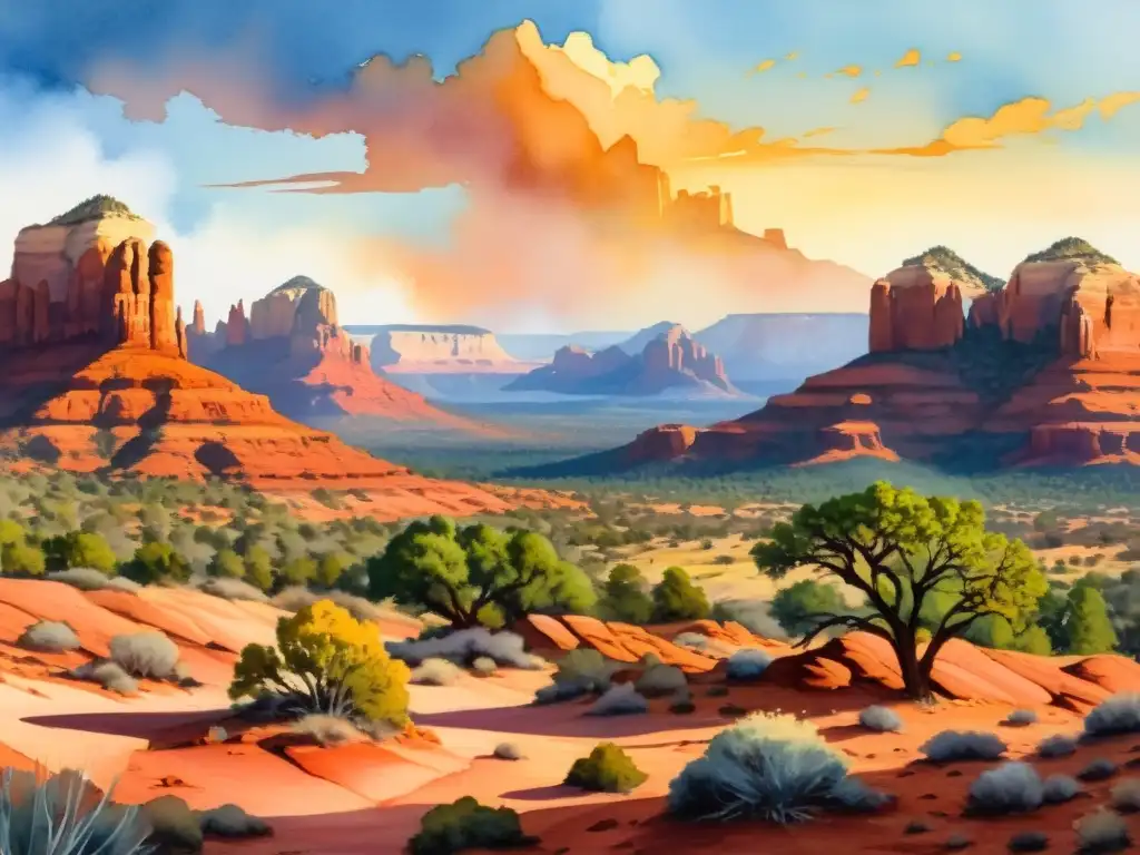 Pintura acuarela de Sedona al atardecer Acuarela serena de las formaciones rocosas en Sedona, Arizona, con un cálido resplandor del atardecer y colores vibrantes en el cielo