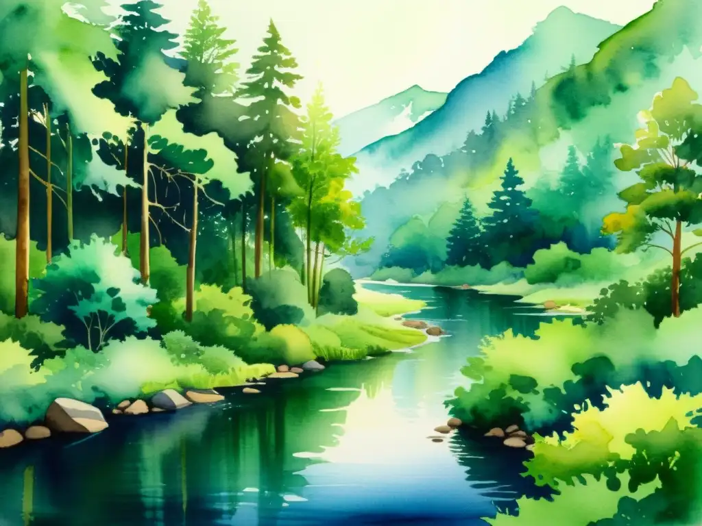 Cuadro acuarela: bosque sereno y río tranquilo Acuarela serena de un frondoso bosque con un río tranquilo, evocando la atmósfera pacífica de retiros de silencio para renovación