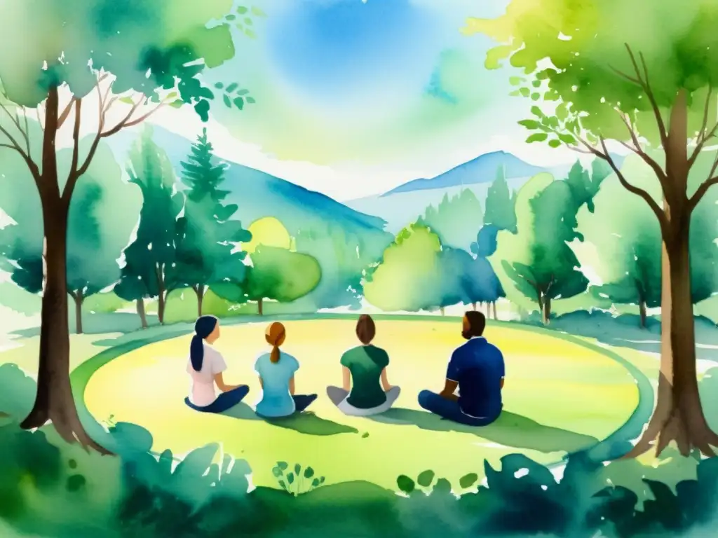 Círculo de Reflexión: Liderazgo Sereno en la Naturaleza Una acuarela serena muestra a un grupo en un círculo en la naturaleza, con un líder facilitando una discusión