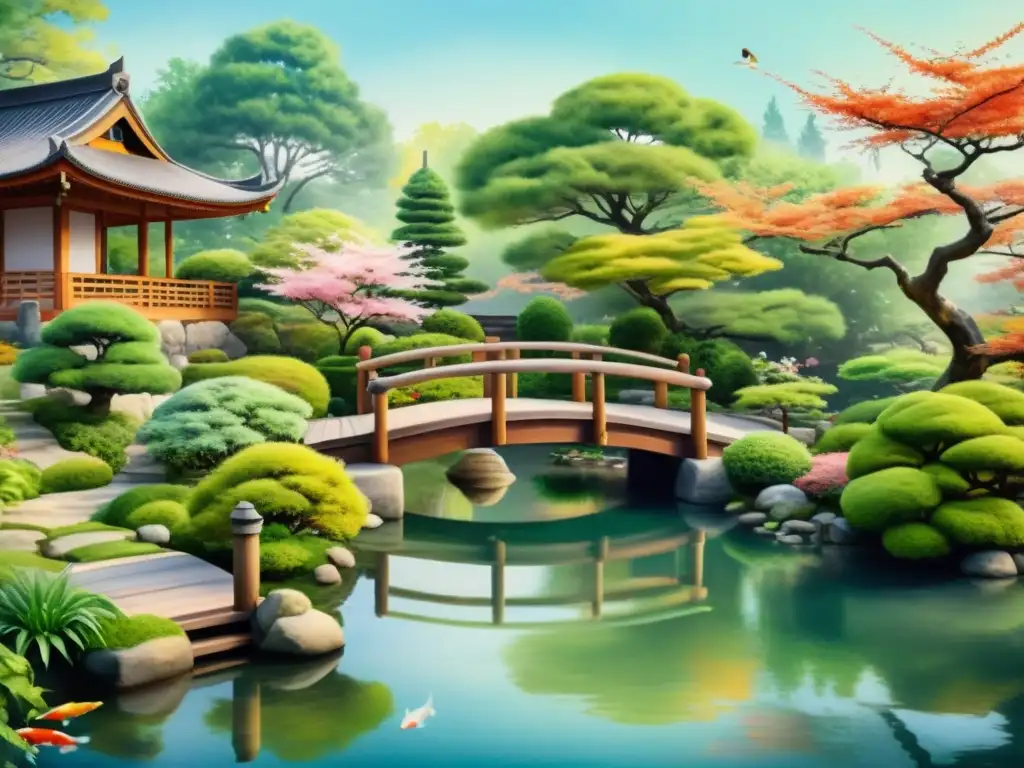 Pintura acuarela: Jardín japonés sereno con puente de madera, koi y pagoda Acuarela serena de jardín japonés con puente de madera, peces koi y pagoda, invita a la calma y la meditación zen
