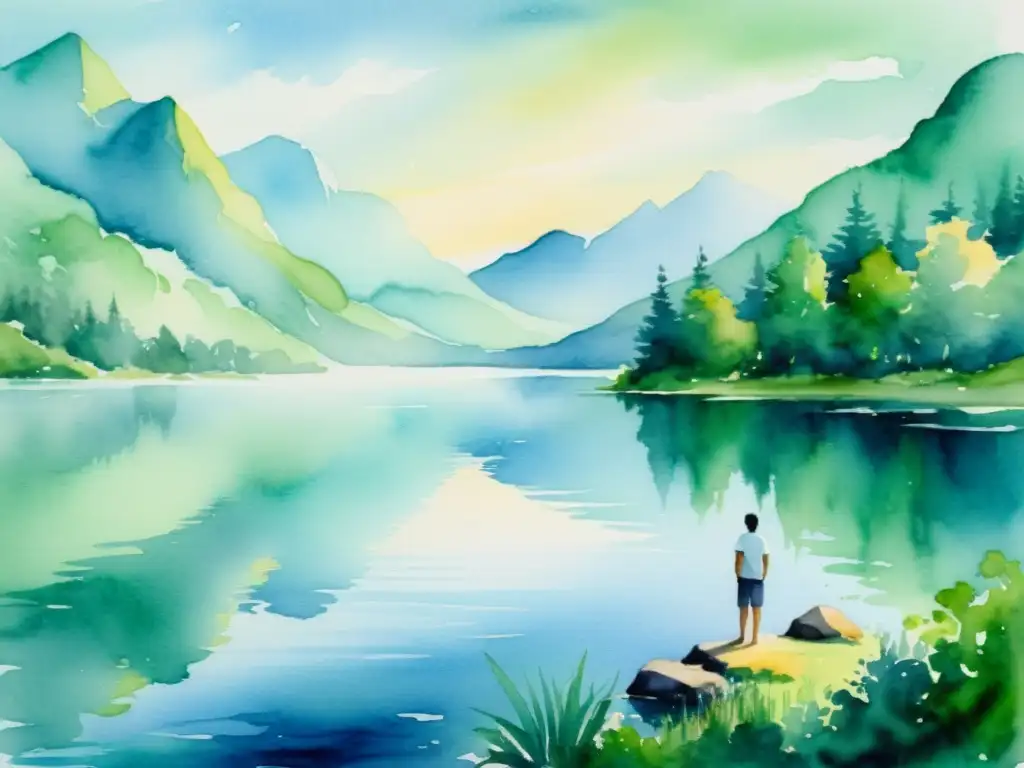 Retiro en la naturaleza: líder resiliente junto al lago Acuarela serena de líder en retiro espiritual, en lago tranquilo rodeado de naturaleza