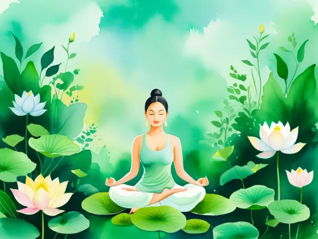 Meditación serena en acuarela: preparación para Vipassana Una acuarela serena de meditación en la naturaleza, ideal para preparación mental retiro Vipassana