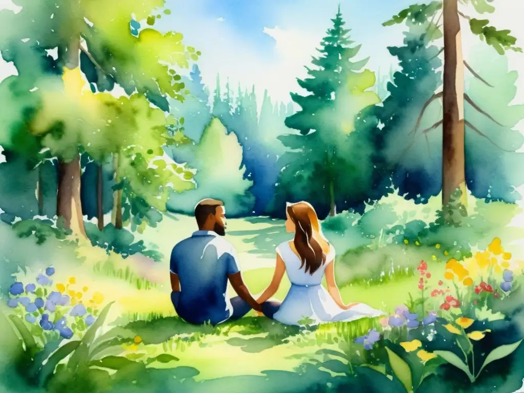 Retiro espiritual en pareja entre flores y naturaleza Acuarela serena de pareja en retiro espiritual, conectando en la naturaleza