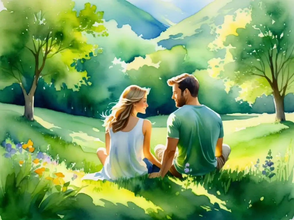 Armonía en la pradera: pareja en meditación Una acuarela serena de una pareja practicando técnicas de mindfulness en pareja en un prado verde exuberante, transmitiendo tranquilidad y conexión